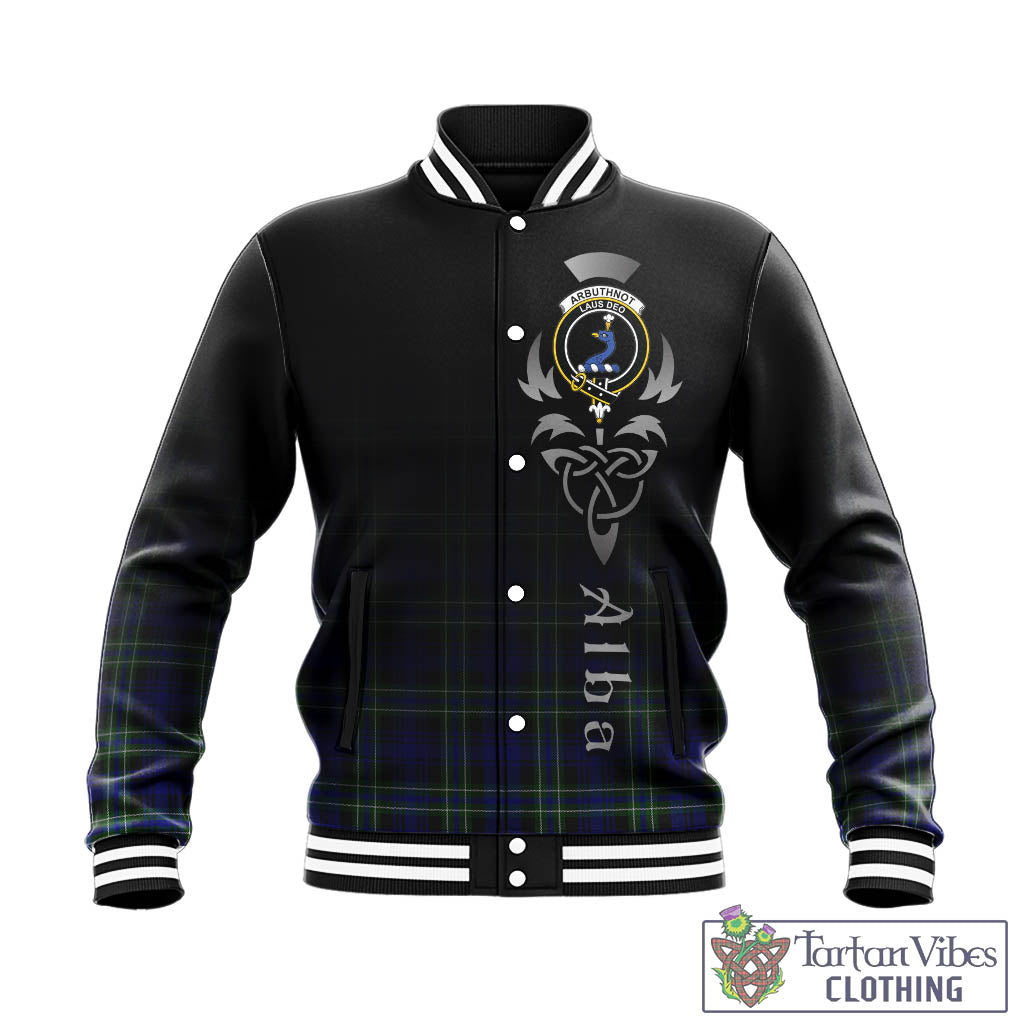 Tartan Vibes Clothing Arbuthnot Modern Tartan Baseball Jacket Featuring Alba Gu Brath Family Crest Celtic Inspired