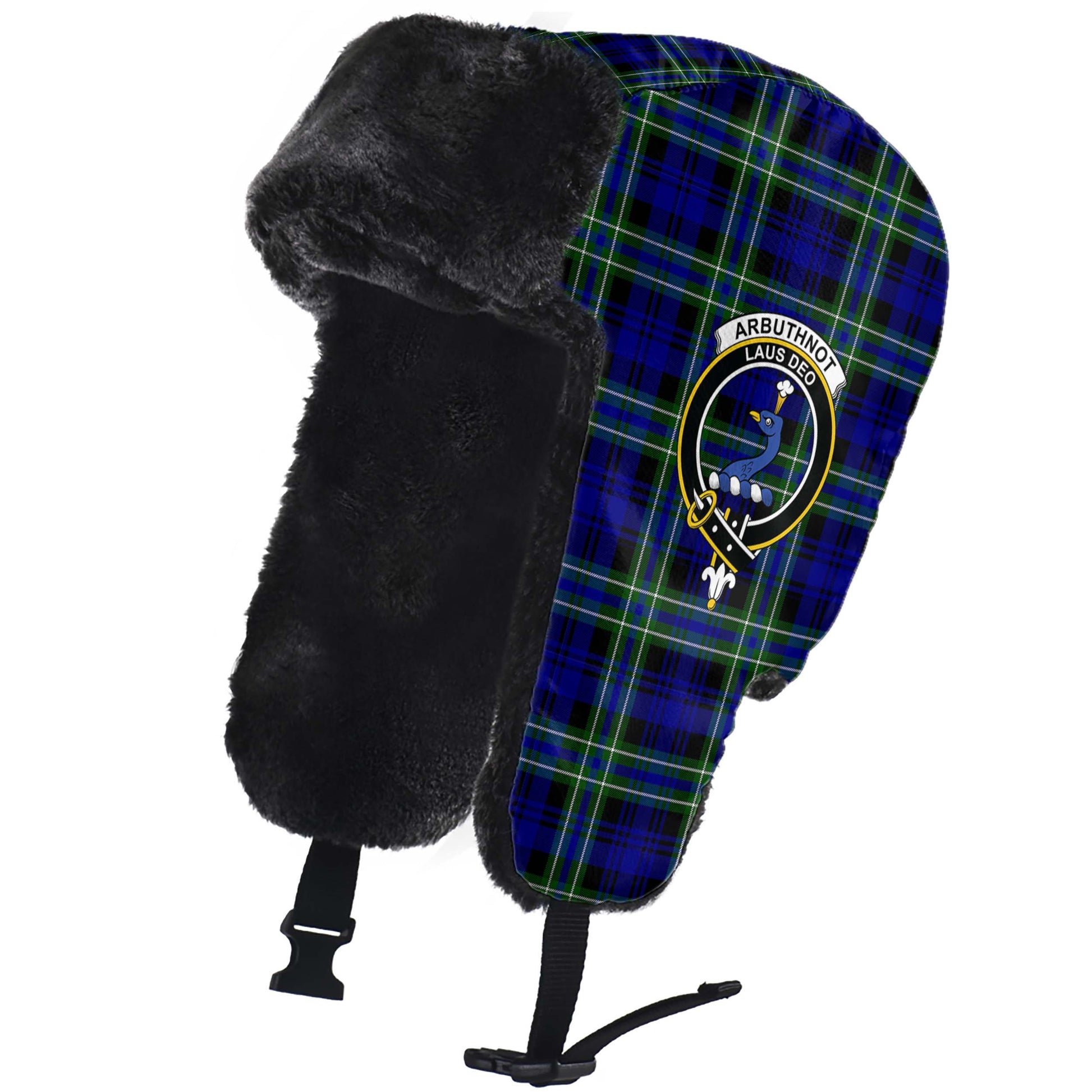 Arbuthnot Modern Tartan Winter Trapper Hat with Family Crest - Tartanvibesclothing