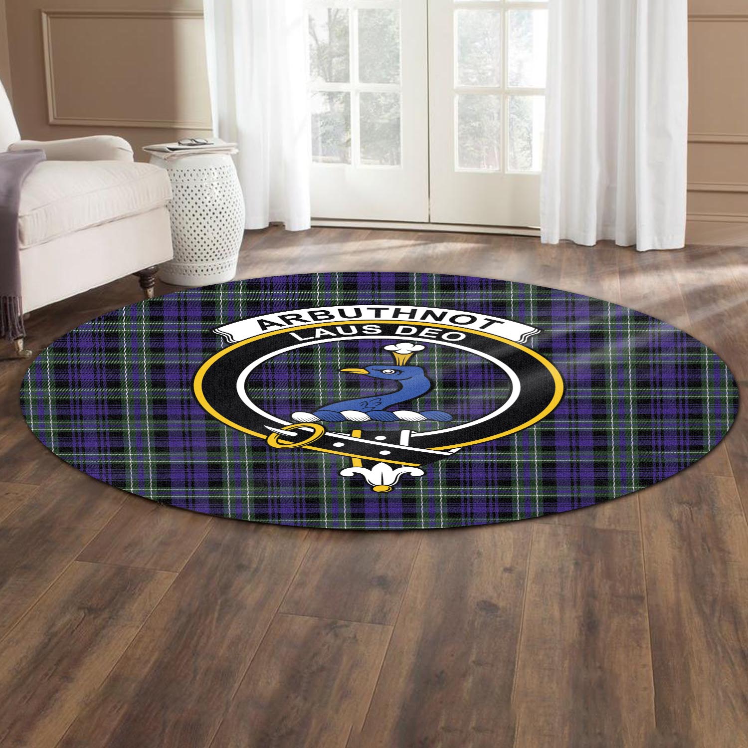 Arbuthnot Modern Tartan Round Rug with Family Crest - Tartanvibesclothing