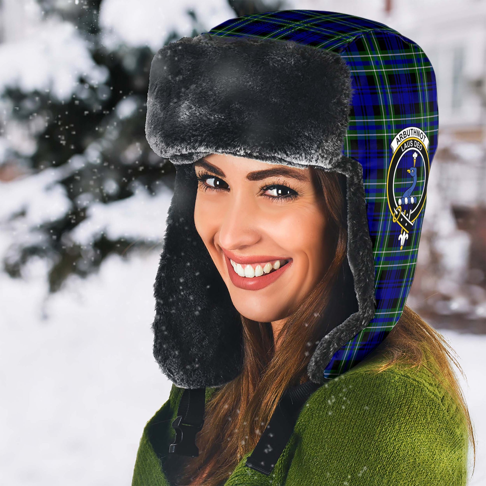 Arbuthnot Modern Tartan Winter Trapper Hat with Family Crest - Tartanvibesclothing