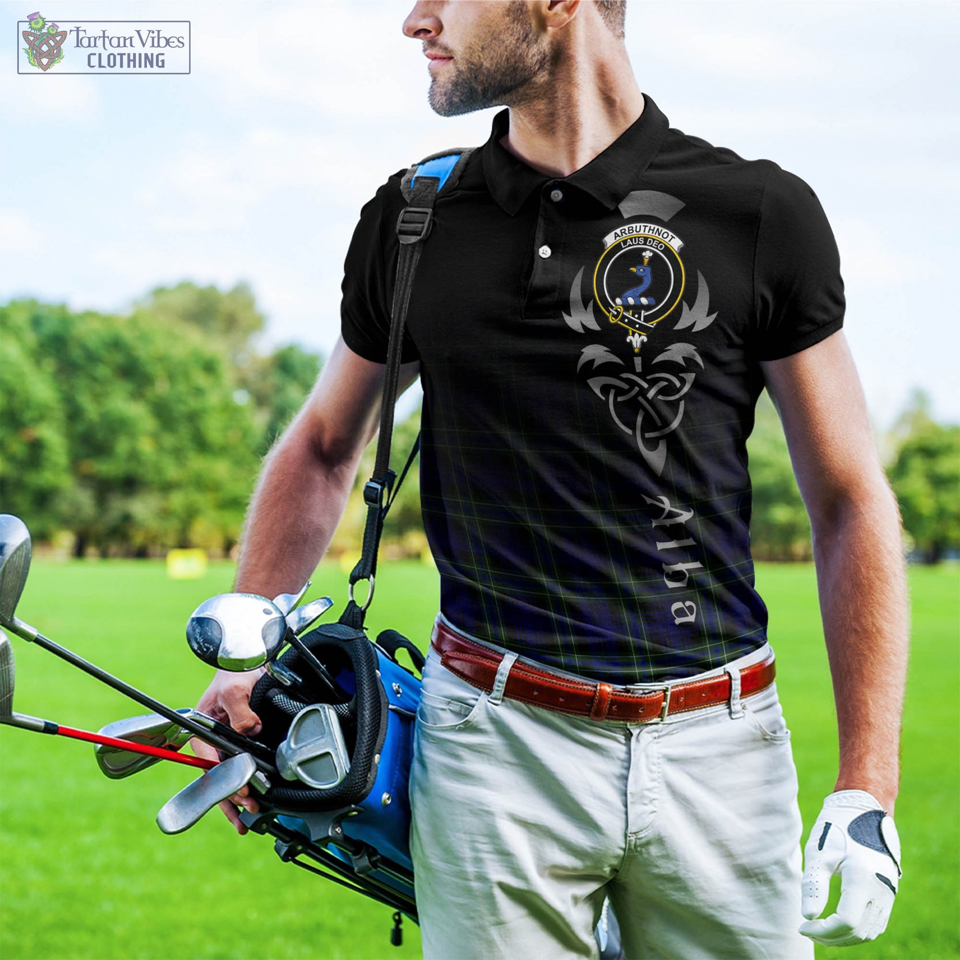 Tartan Vibes Clothing Arbuthnot Modern Tartan Polo Shirt Featuring Alba Gu Brath Family Crest Celtic Inspired