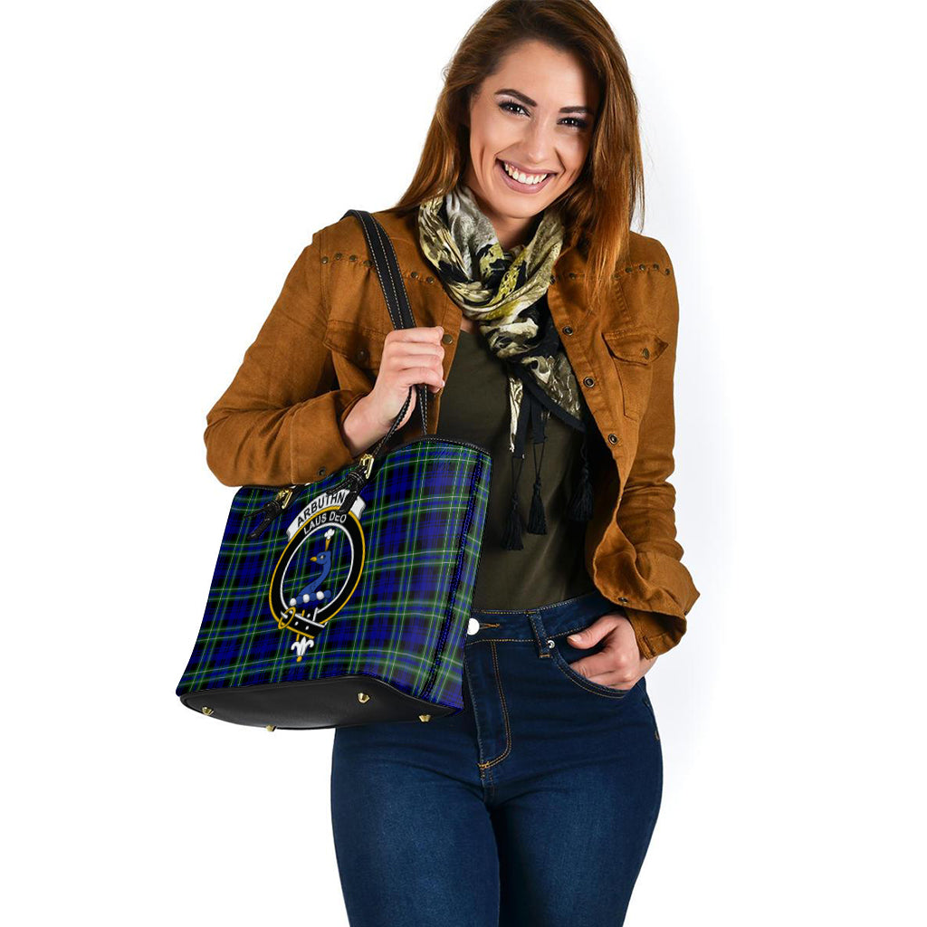 Arbuthnot Modern Tartan Leather Tote Bag with Family Crest - Tartanvibesclothing