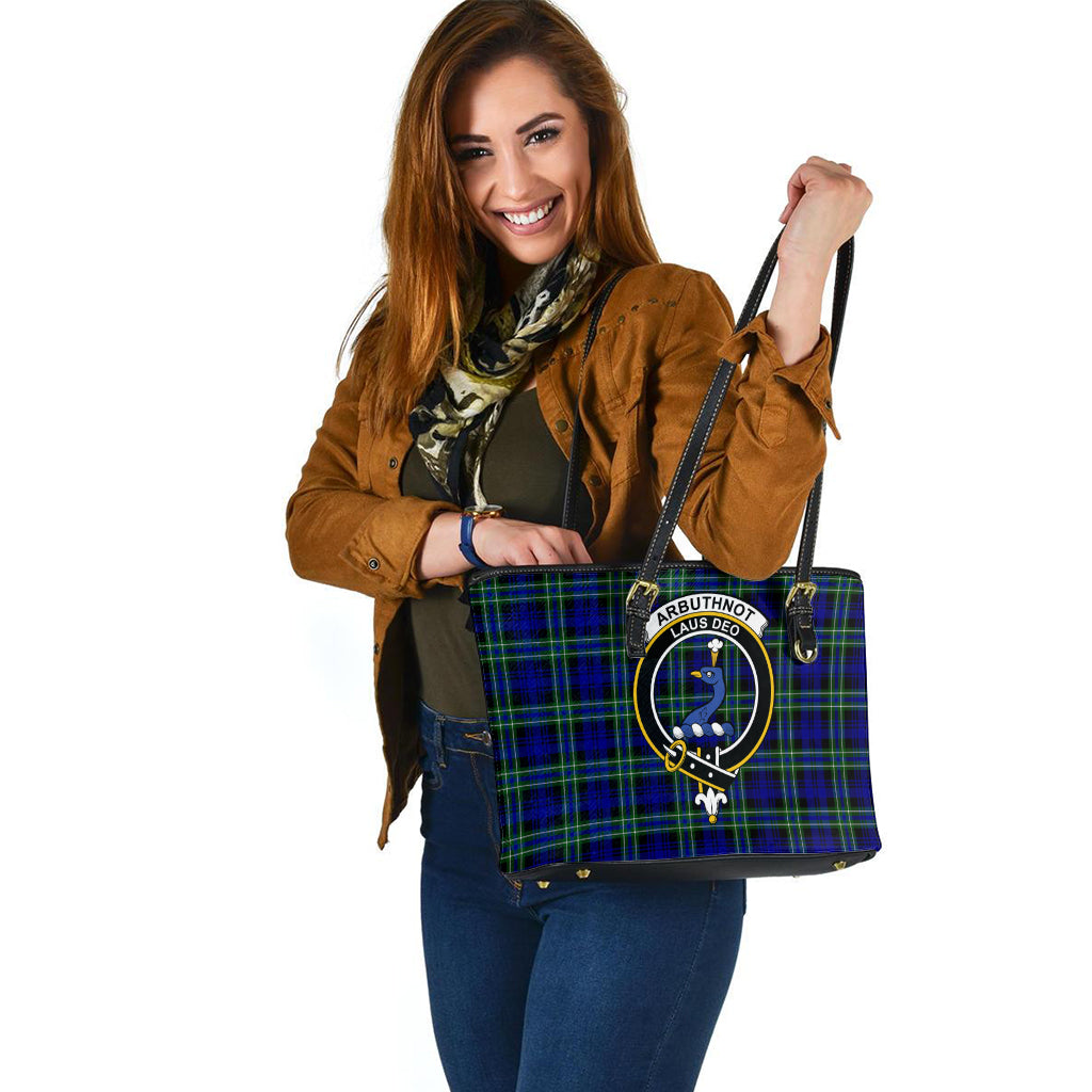 Arbuthnot Modern Tartan Leather Tote Bag with Family Crest - Tartanvibesclothing