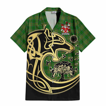 Archbold Irish Tartan Short Sleeve Button Shirt with Coat of Arms Celtic Wolf Style