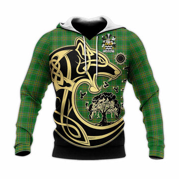 Ardagh Irish Tartan Knitted Hoodie with Coat of Arms Celtic Wolf Style