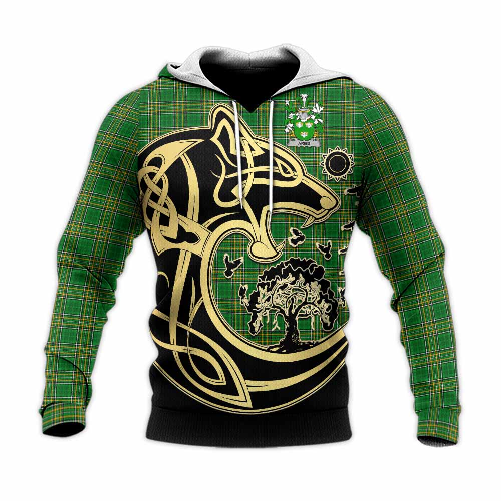 Tartan Vibes Clothing Aries Irish Tartan Knitted Hoodie with Coat of Arms Celtic Wolf Style