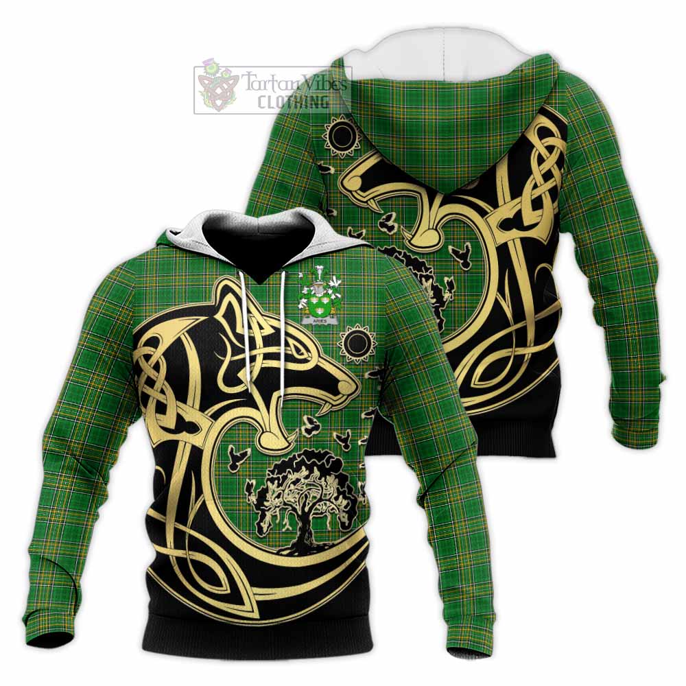 Tartan Vibes Clothing Aries Irish Tartan Knitted Hoodie with Coat of Arms Celtic Wolf Style