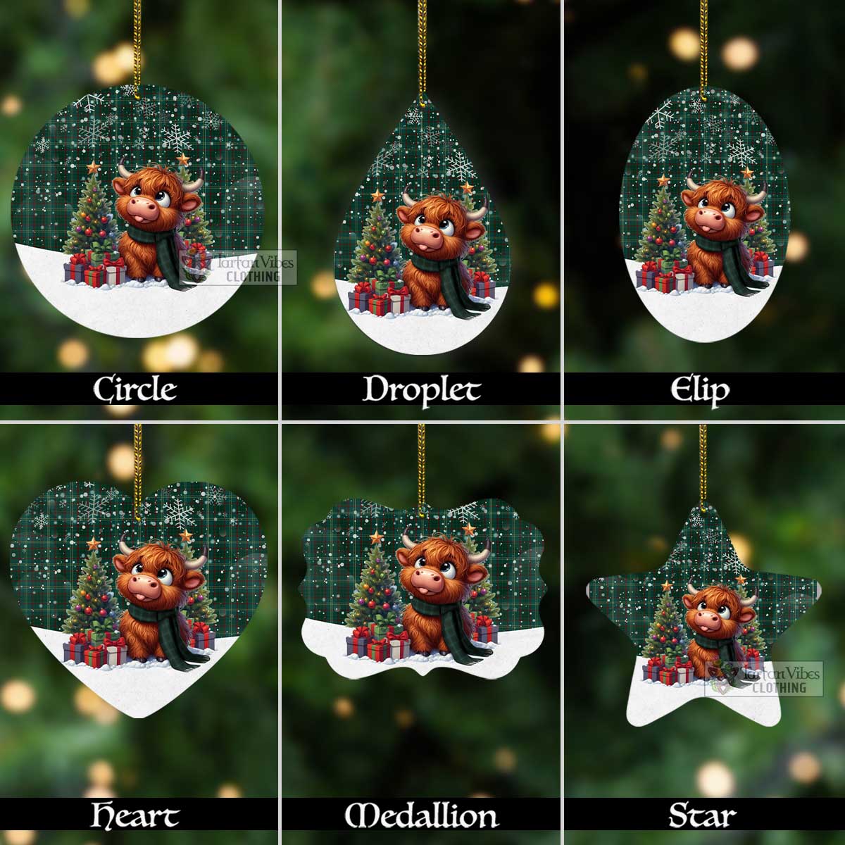 Tartan Vibes Clothing Armagh County Ireland Tartan Christmas Aluminium Ornament with Adorable Highland Coo