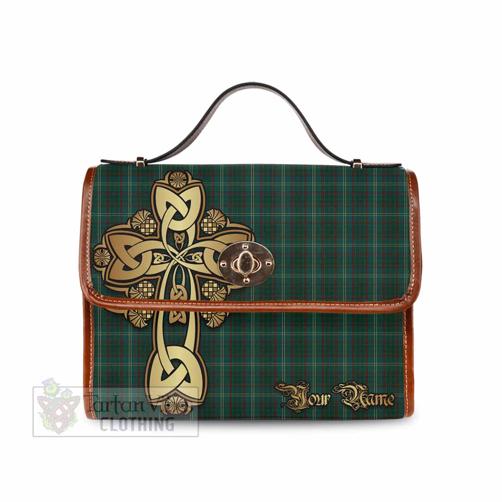 Tartan Vibes Clothing Armagh County Ireland Tartan Waterproof Canvas Bag Golden Thistle Celtic Cross Style