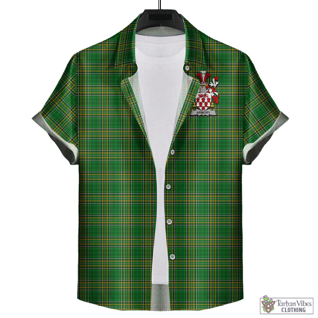 Tartan Vibes Clothing Armory Ireland Clan Tartan Short Sleeve Button Up with Coat of Arms