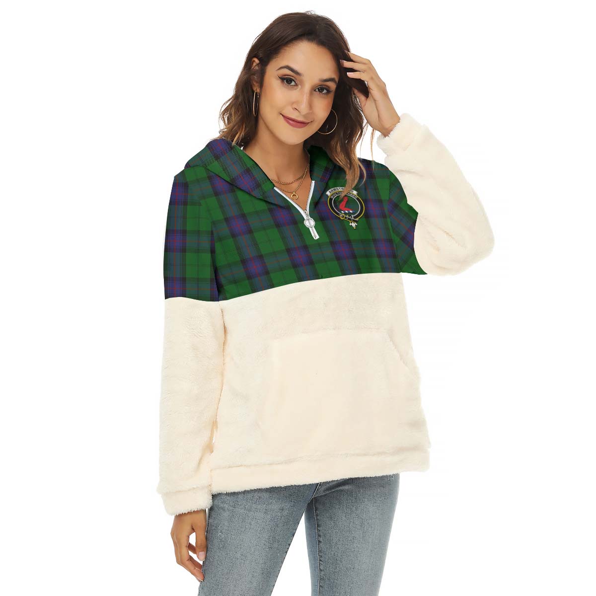 Armstrong Tartan Women's Borg Fleece Hoodie With Half Zip with Family Crest Female - Tartanvibesclothing