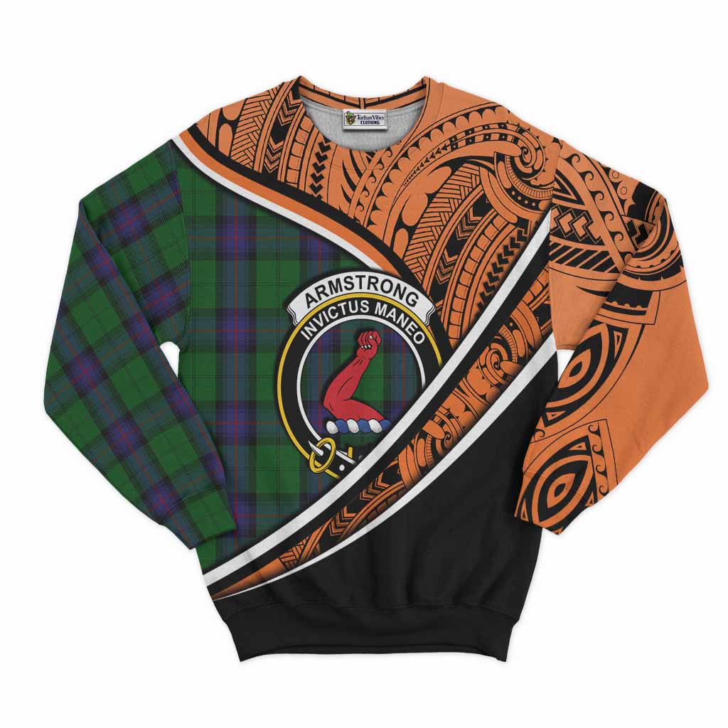 Tartan Vibes Clothing Armstrong Crest Tartan Sweatshirt with Maori Tattoo Style - Orange Version