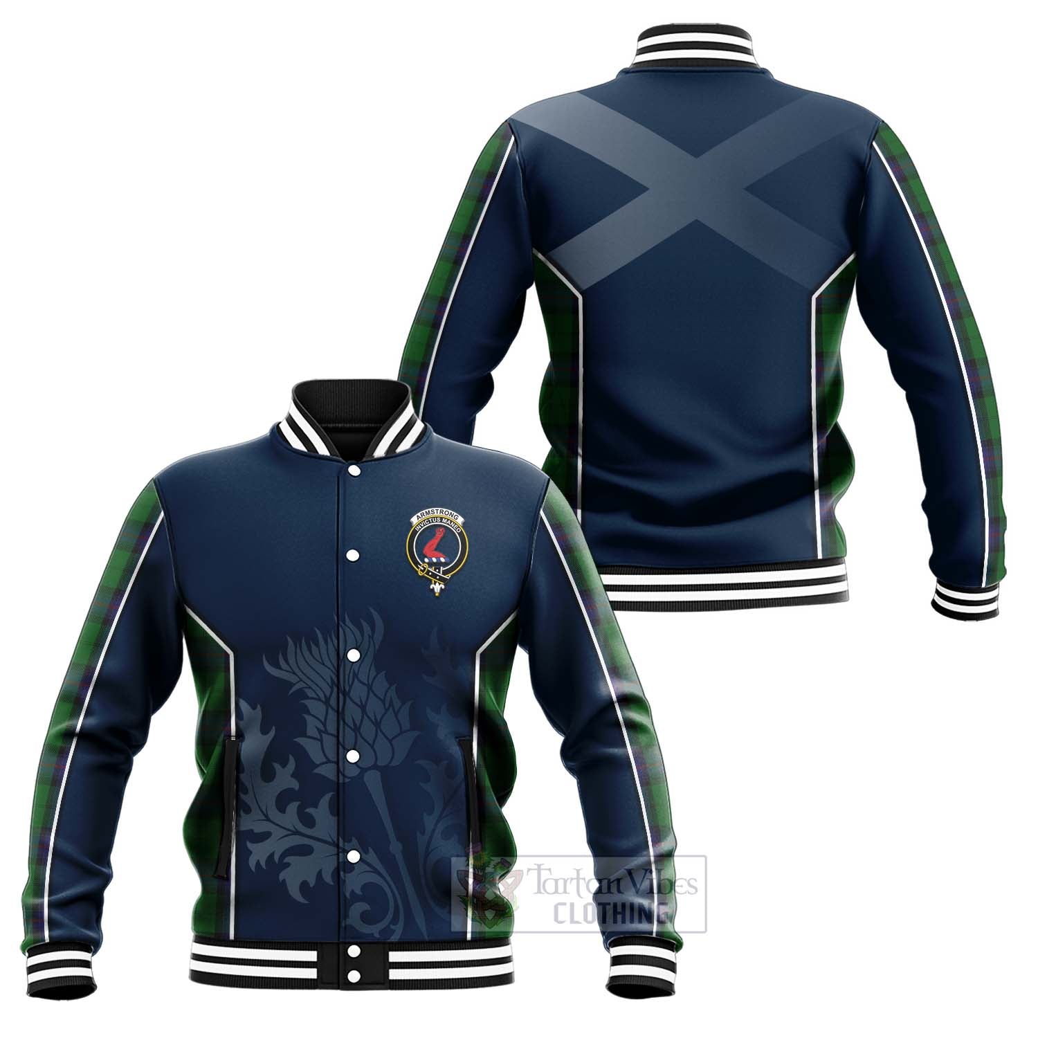 Tartan Vibes Clothing Armstrong Tartan Baseball Jacket with Family Crest and Scottish Thistle Vibes Sport Style