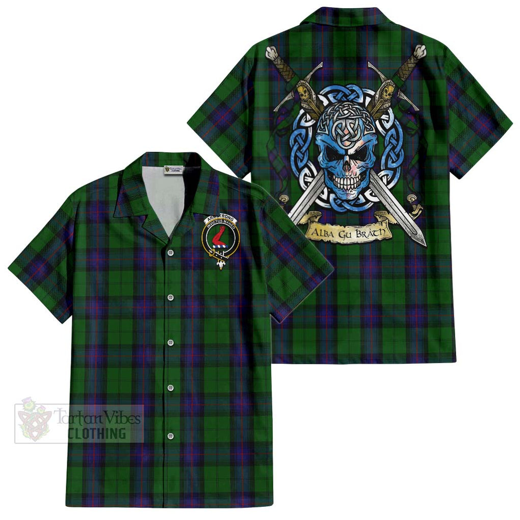 Tartan Vibes Clothing Armstrong Tartan Short Sleeve Button Shirt with Family Crest Celtic Skull Style