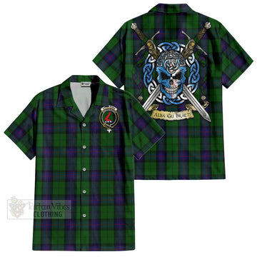 Armstrong Tartan Short Sleeve Button Shirt with Family Crest Celtic Skull Style