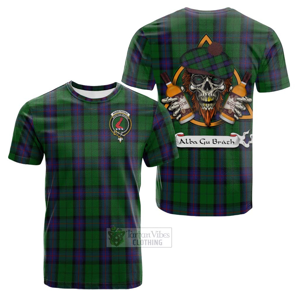 Tartan Vibes Clothing Armstrong Tartan Cotton T-shirt with Family Crest and Bearded Skull Holding Bottles of Whiskey