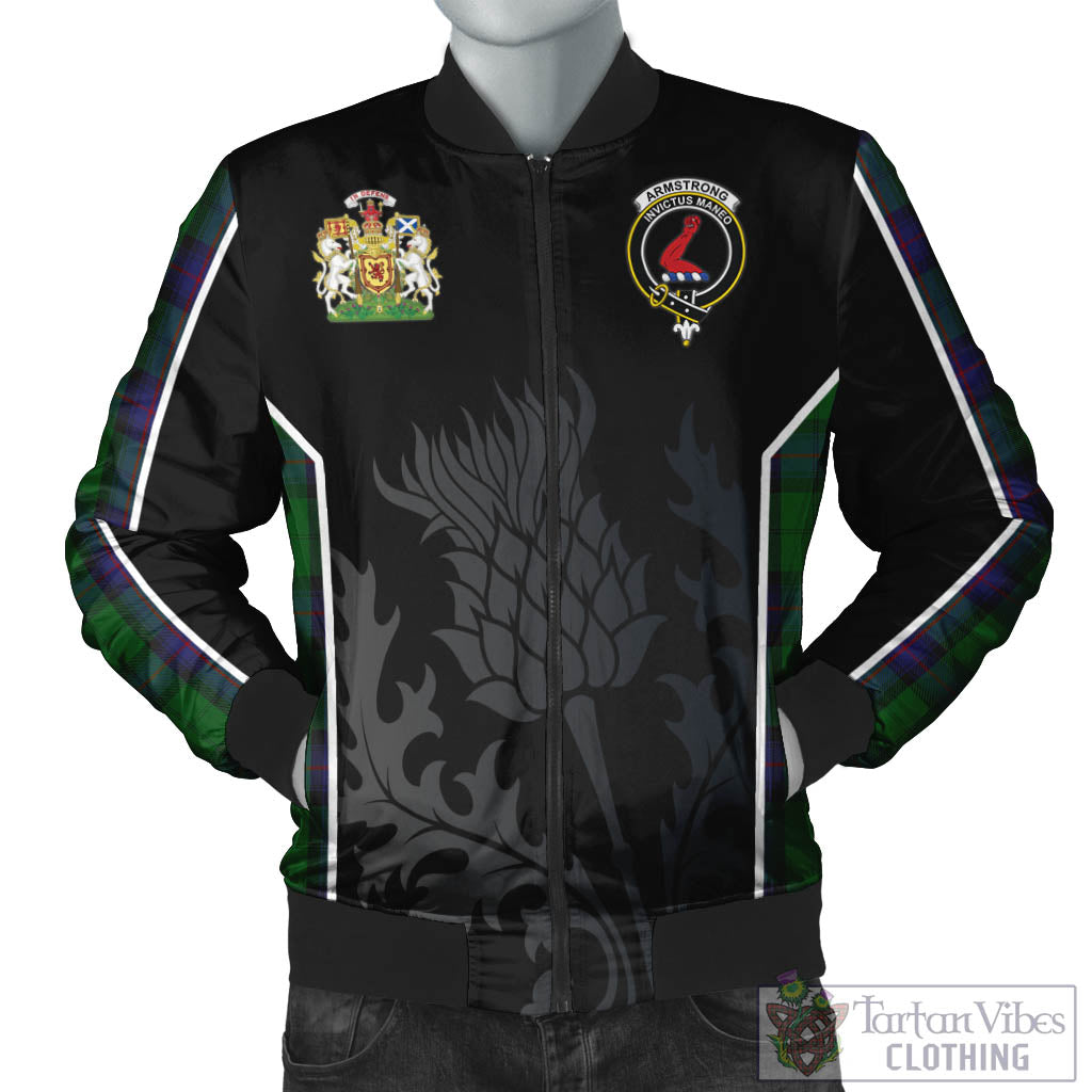 Tartan Vibes Clothing Armstrong Tartan Bomber Jacket with Family Crest and Scottish Thistle Vibes Sport Style