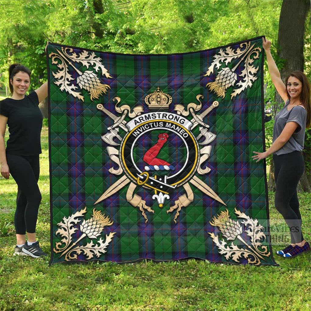 Tartan Vibes Clothing Armstrong Tartan Quilt with Family Crest and Scottish Golden Courage Shield