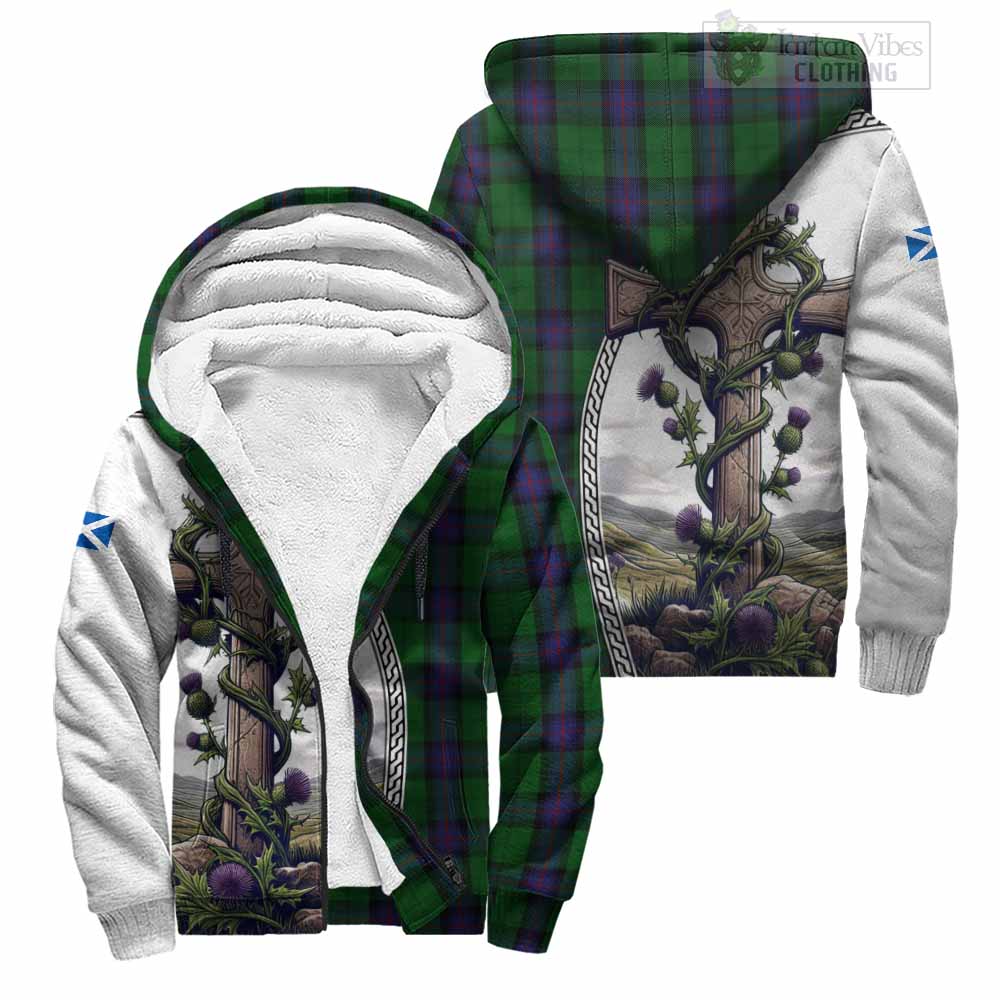 Tartan Vibes Clothing Armstrong Tartan Sherpa Hoodie with Family Crest and St. Andrew's Cross Accented by Thistle Vines