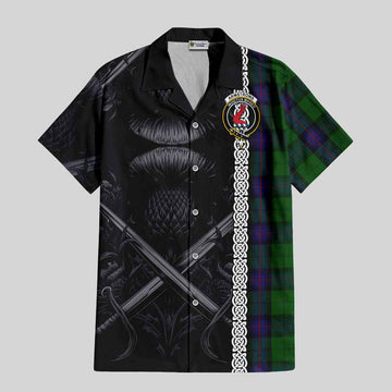 Armstrong Tartan Short Sleeve Button Shirt with Family Crest Cross Sword Thistle Celtic Vibes