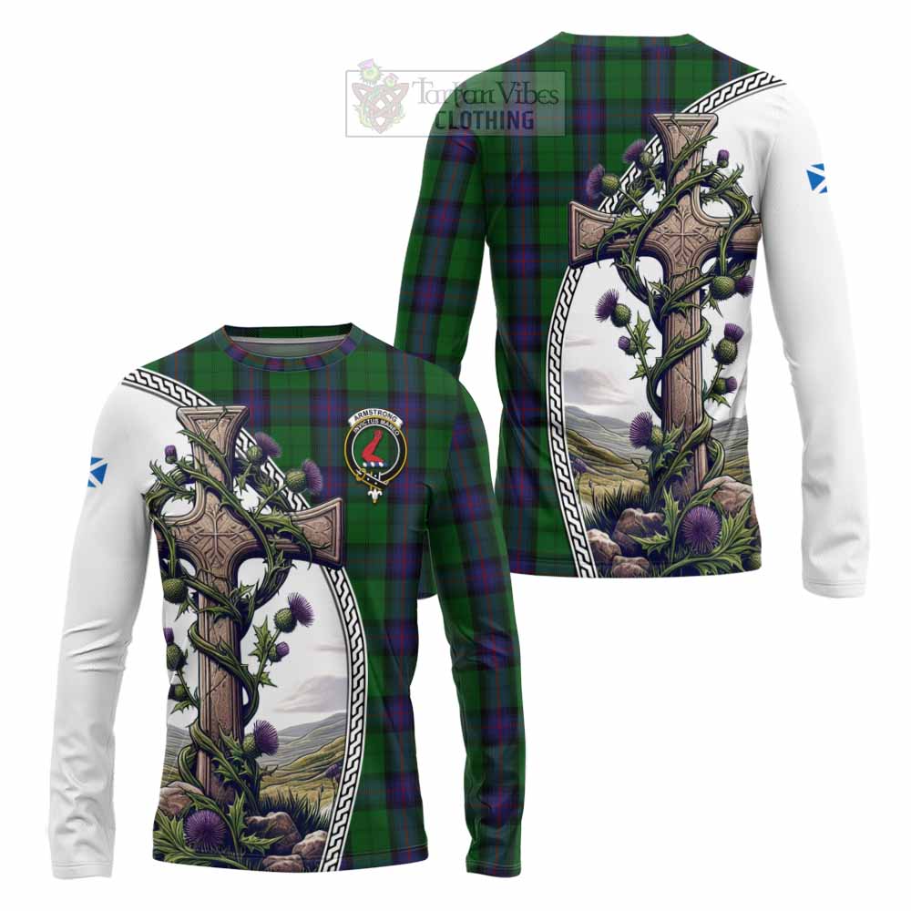 Tartan Vibes Clothing Armstrong Tartan Long Sleeve T-Shirt with Family Crest and St. Andrew's Cross Accented by Thistle Vines