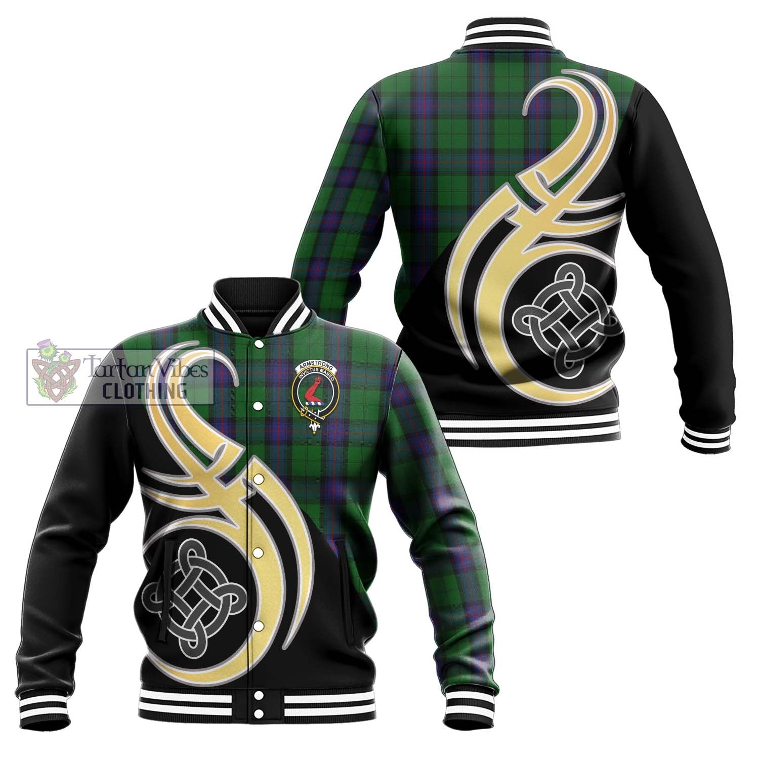 Armstrong Tartan Baseball Jacket with Family Crest and Celtic Symbol Style Unisex - Tartan Vibes Clothing