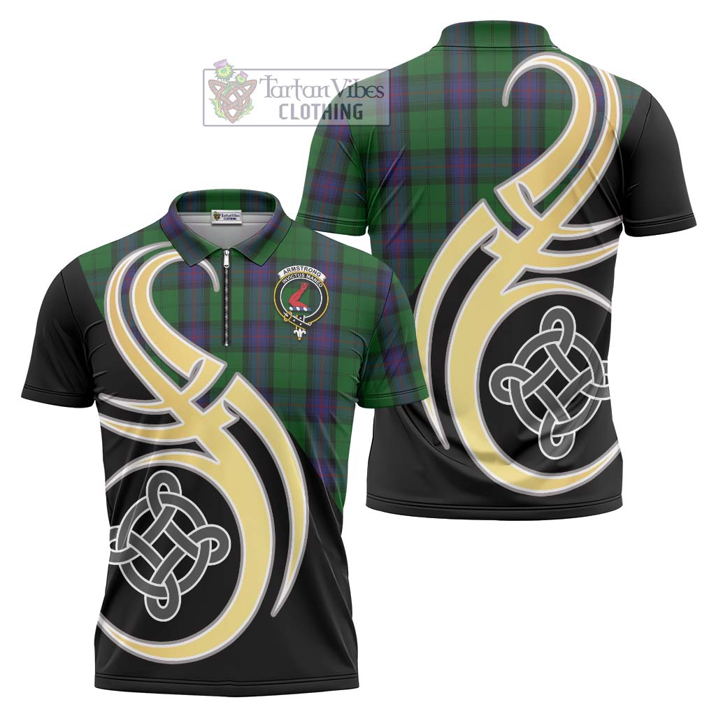 Tartan Vibes Clothing Armstrong Tartan Zipper Polo Shirt with Family Crest and Celtic Symbol Style