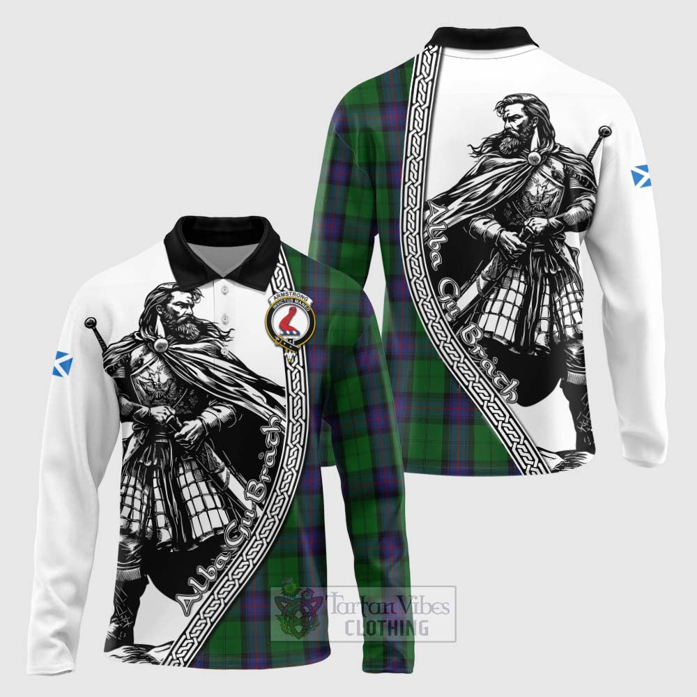 Tartan Vibes Clothing Armstrong Tartan Clan Crest Long Sleeve Polo Shirt with Highlander Warrior Celtic Style