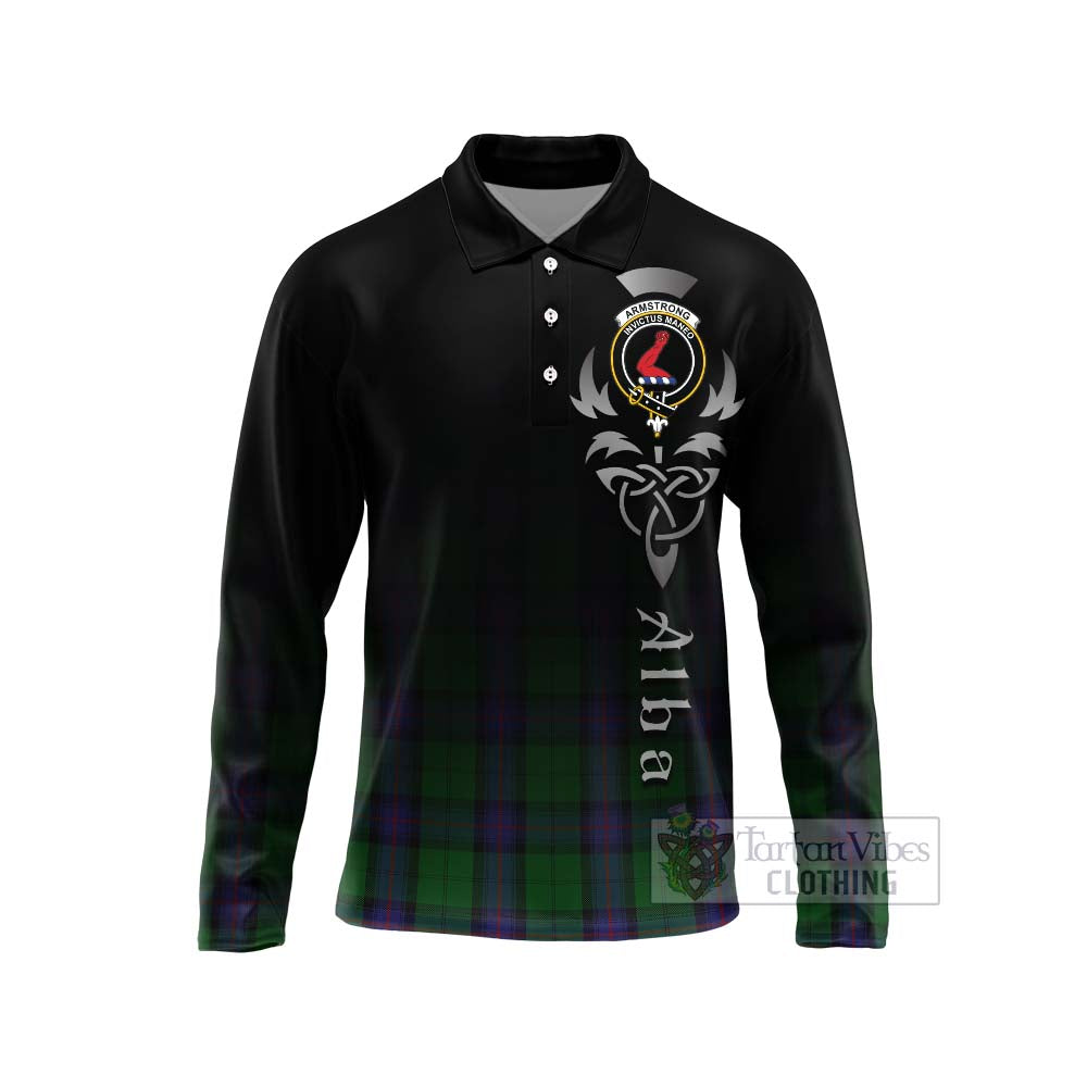 Tartan Vibes Clothing Armstrong Tartan Long Sleeve Polo Shirt Featuring Alba Gu Brath Family Crest Celtic Inspired