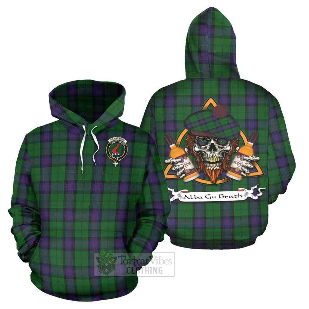 Tartan Vibes Clothing Armstrong Tartan Hoodie with Family Crest and Bearded Skull Holding Bottles of Whiskey