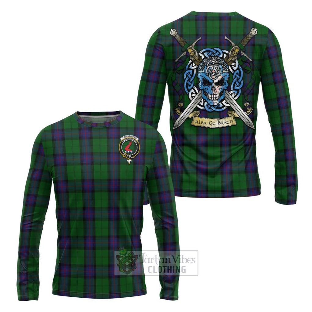 Tartan Vibes Clothing Armstrong Tartan Long Sleeve T-Shirt with Family Crest Celtic Skull Style