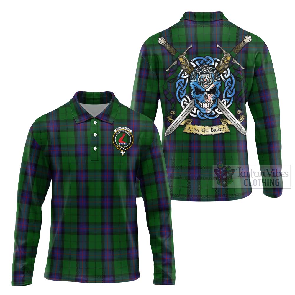 Tartan Vibes Clothing Armstrong Tartan Long Sleeve Polo Shirt with Family Crest Celtic Skull Style