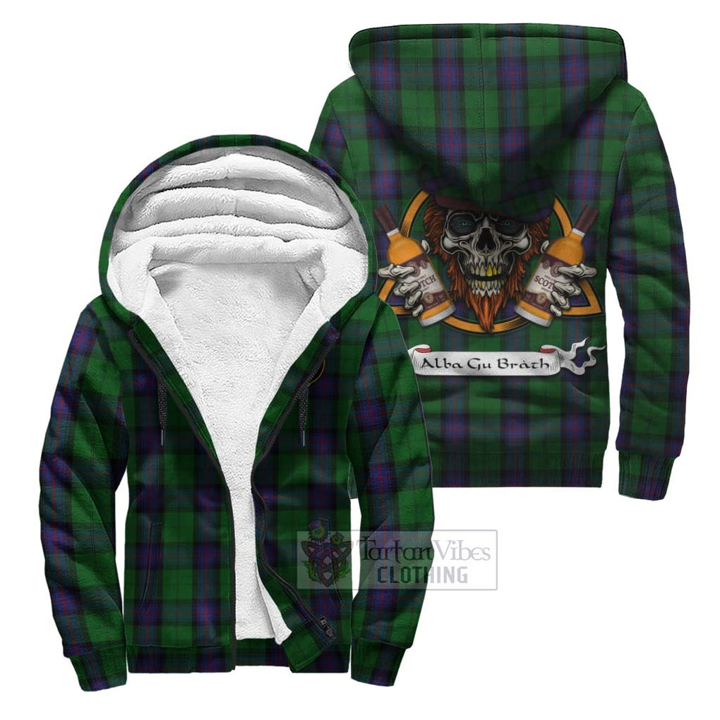 Tartan Vibes Clothing Armstrong Tartan Sherpa Hoodie with Family Crest and Bearded Skull Holding Bottles of Whiskey