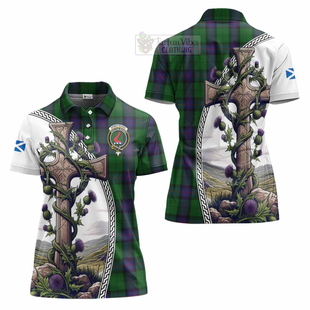 Tartan Vibes Clothing Armstrong Tartan Women's Polo Shirt with Family Crest and St. Andrew's Cross Accented by Thistle Vines