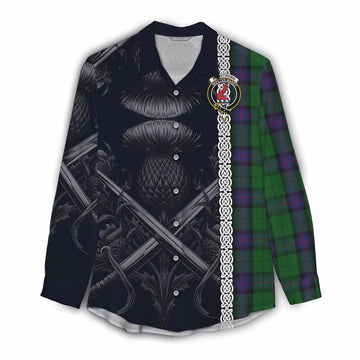 Armstrong Tartan Women's Casual Shirt with Family Crest Cross Sword Thistle Celtic Vibes