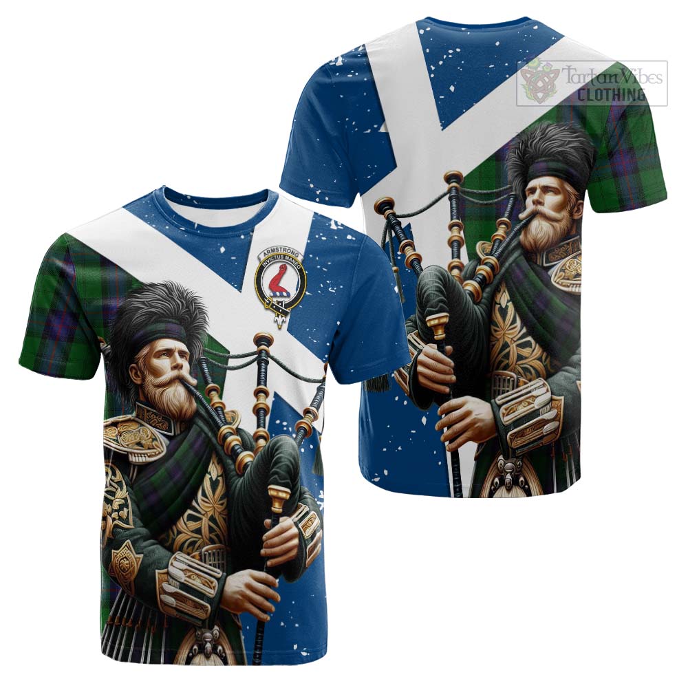 Tartan Vibes Clothing Armstrong Tartan Cotton T-shirt with Family Crest Scottish Bagpiper Vibes