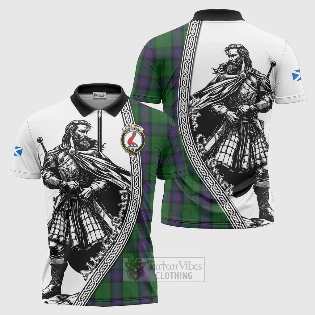 Tartan Vibes Clothing Armstrong Tartan Clan Crest Zipper Polo Shirt with Highlander Warrior Celtic Style