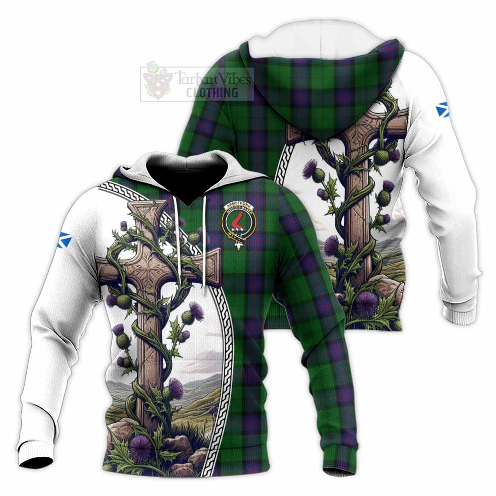 Tartan Vibes Clothing Armstrong Tartan Knitted Hoodie with Family Crest and St. Andrew's Cross Accented by Thistle Vines