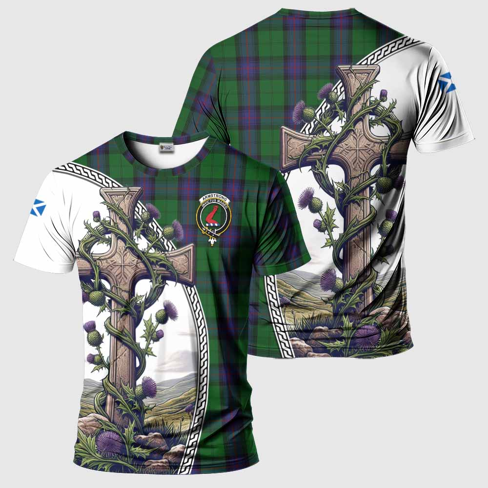 Tartan Vibes Clothing Armstrong Agnew Tartan T-Shirt with Family Crest and St. Andrew's Cross Accented by Thistle Vines