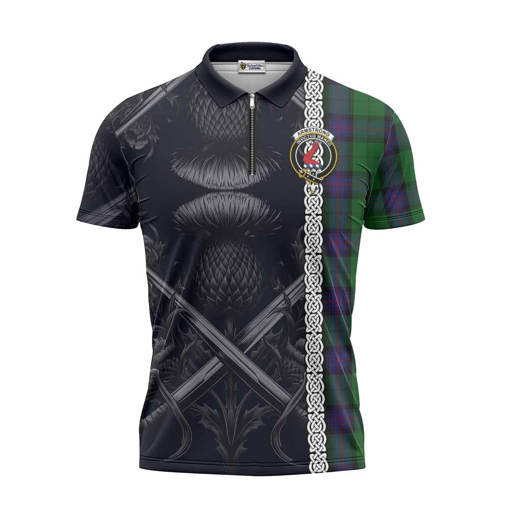 Tartan Vibes Clothing Armstrong Tartan Zipper Polo Shirt with Family Crest Cross Sword Thistle Celtic Vibes