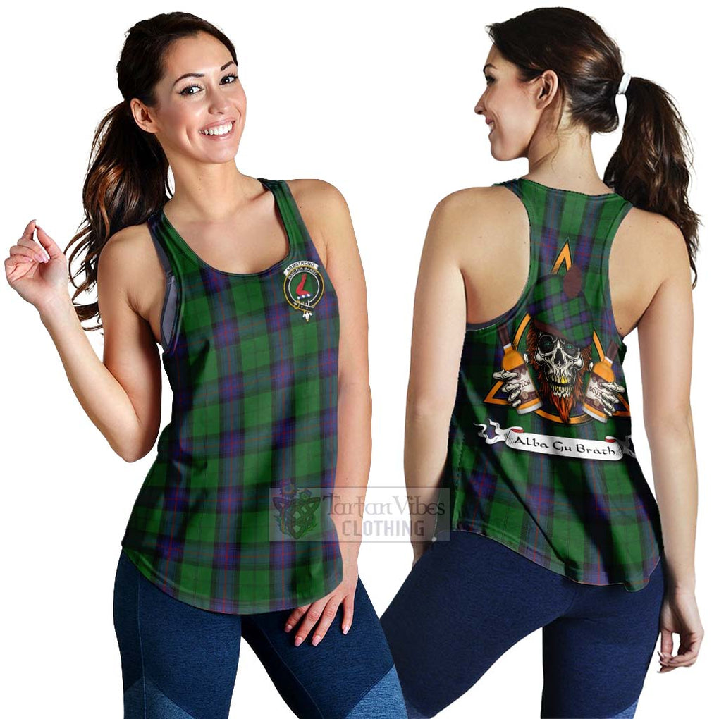 Tartan Vibes Clothing Armstrong Tartan Women's Racerback Tanks with Family Crest and Bearded Skull Holding Bottles of Whiskey