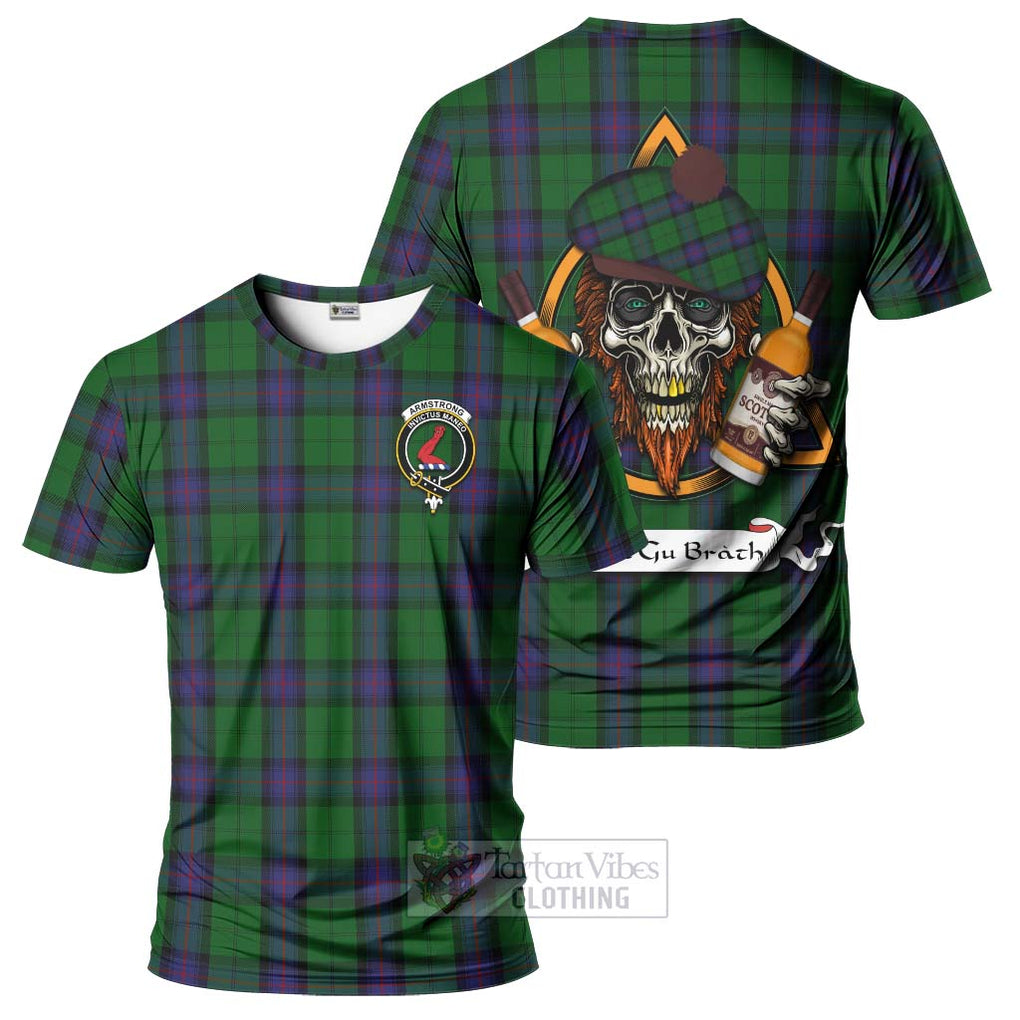 Tartan Vibes Clothing Armstrong Tartan T-Shirt with Family Crest and Bearded Skull Holding Bottles of Whiskey