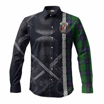 Armstrong Tartan Long Sleeve Button Shirt with Family Crest Cross Sword Thistle Celtic Vibes