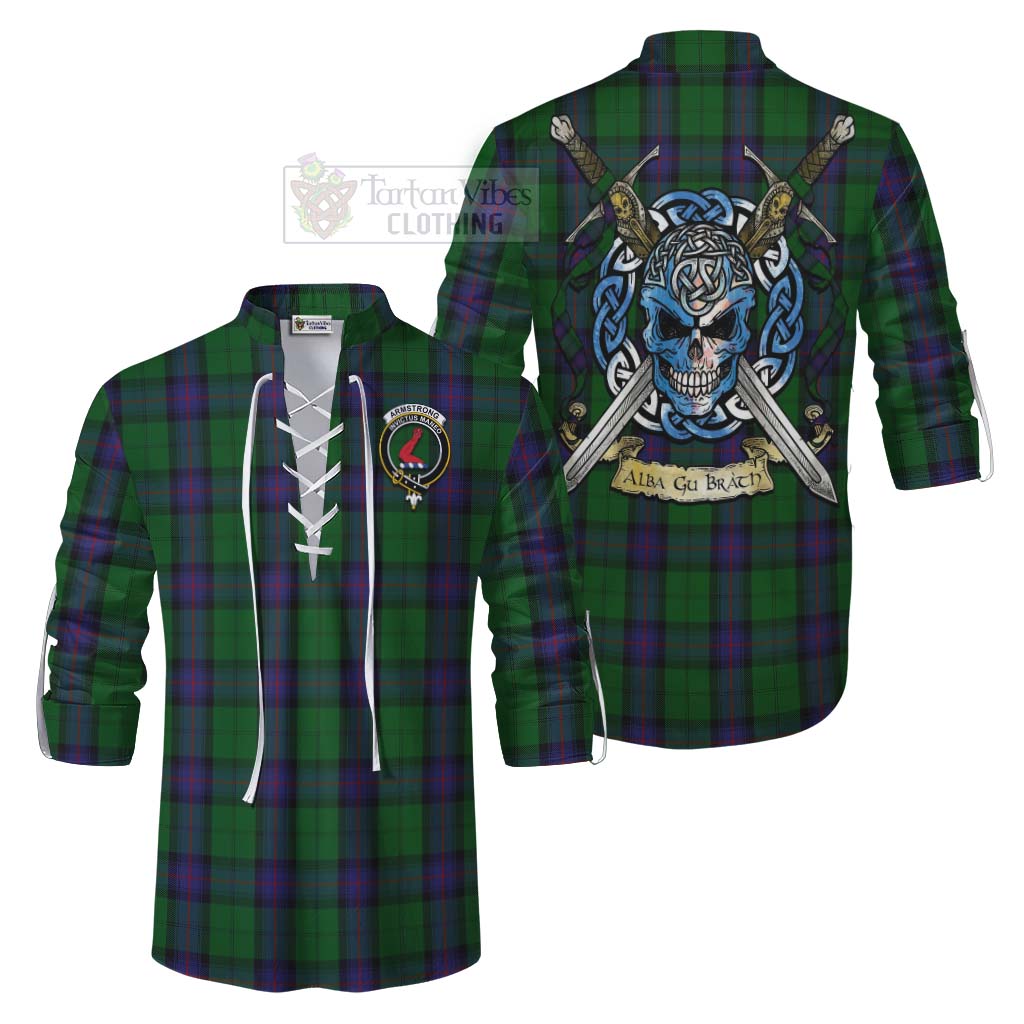 Tartan Vibes Clothing Armstrong Tartan Ghillie Kilt Shirt with Family Crest Celtic Skull Style