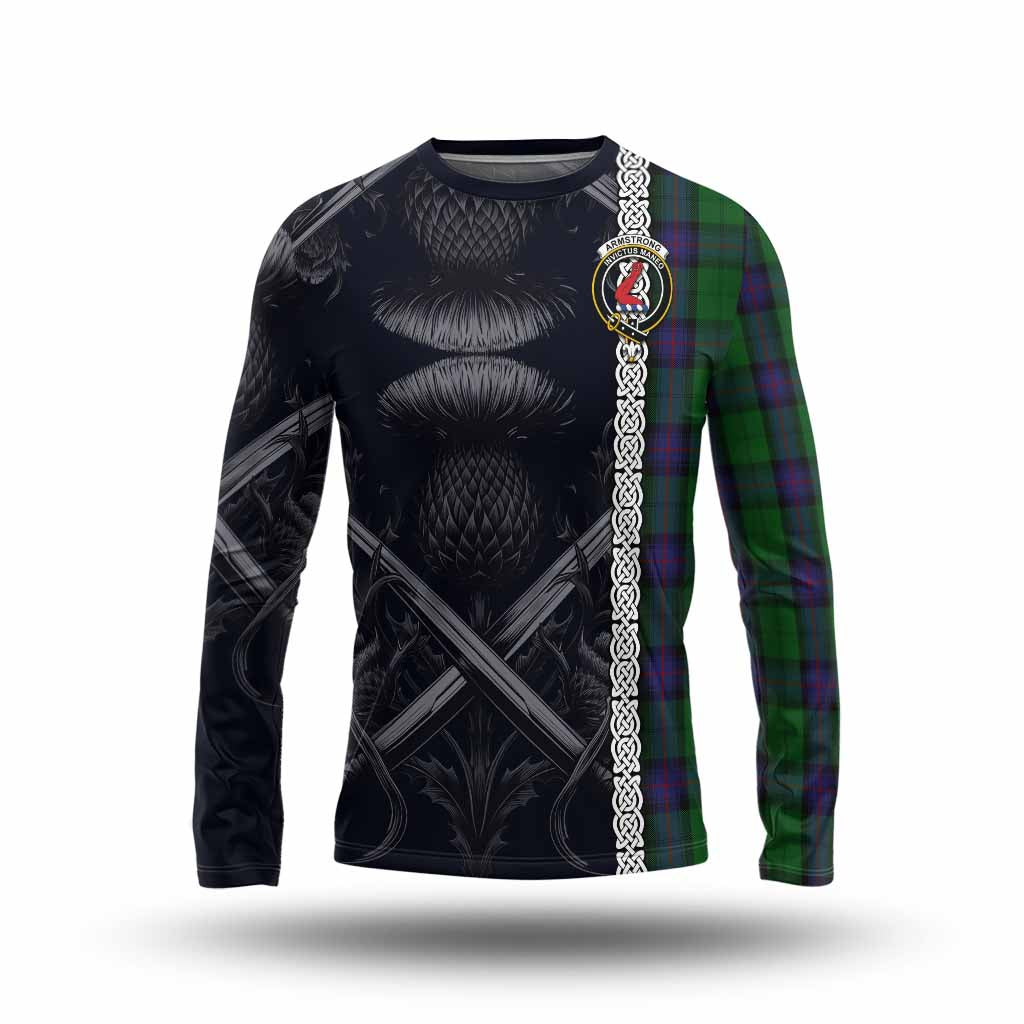 Tartan Vibes Clothing Armstrong Tartan Long Sleeve T-Shirt with Family Crest Cross Sword Thistle Celtic Vibes