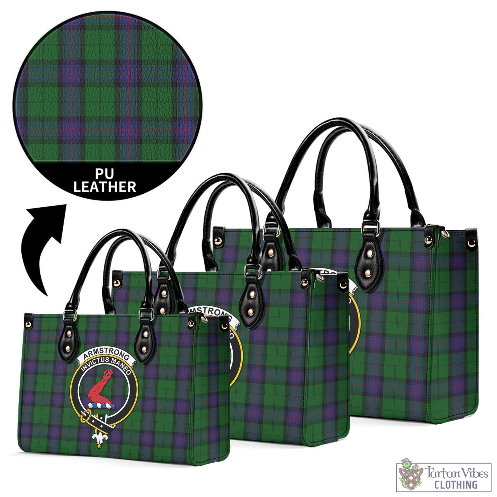 Tartan Vibes Clothing Armstrong Tartan Luxury Leather Handbags with Family Crest