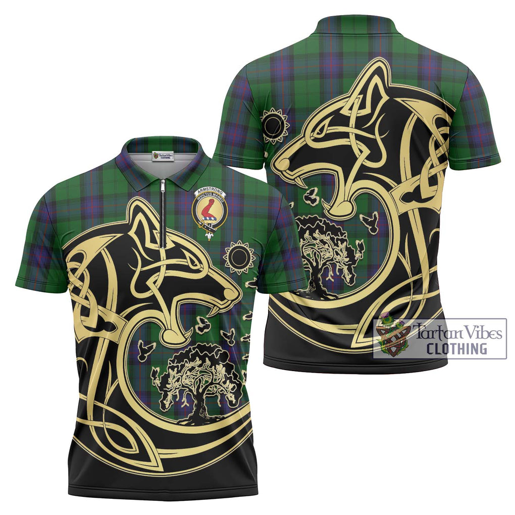 Armstrong Tartan Zipper Polo Shirt with Family Crest Celtic Wolf Style Unisex - Tartanvibesclothing Shop