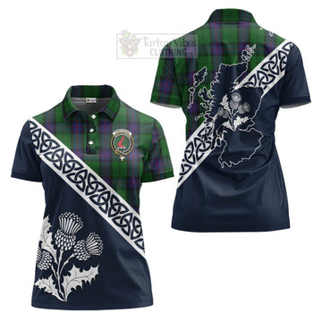 Armstrong Tartan Women's Polo Shirt Featuring Thistle and Scotland Map