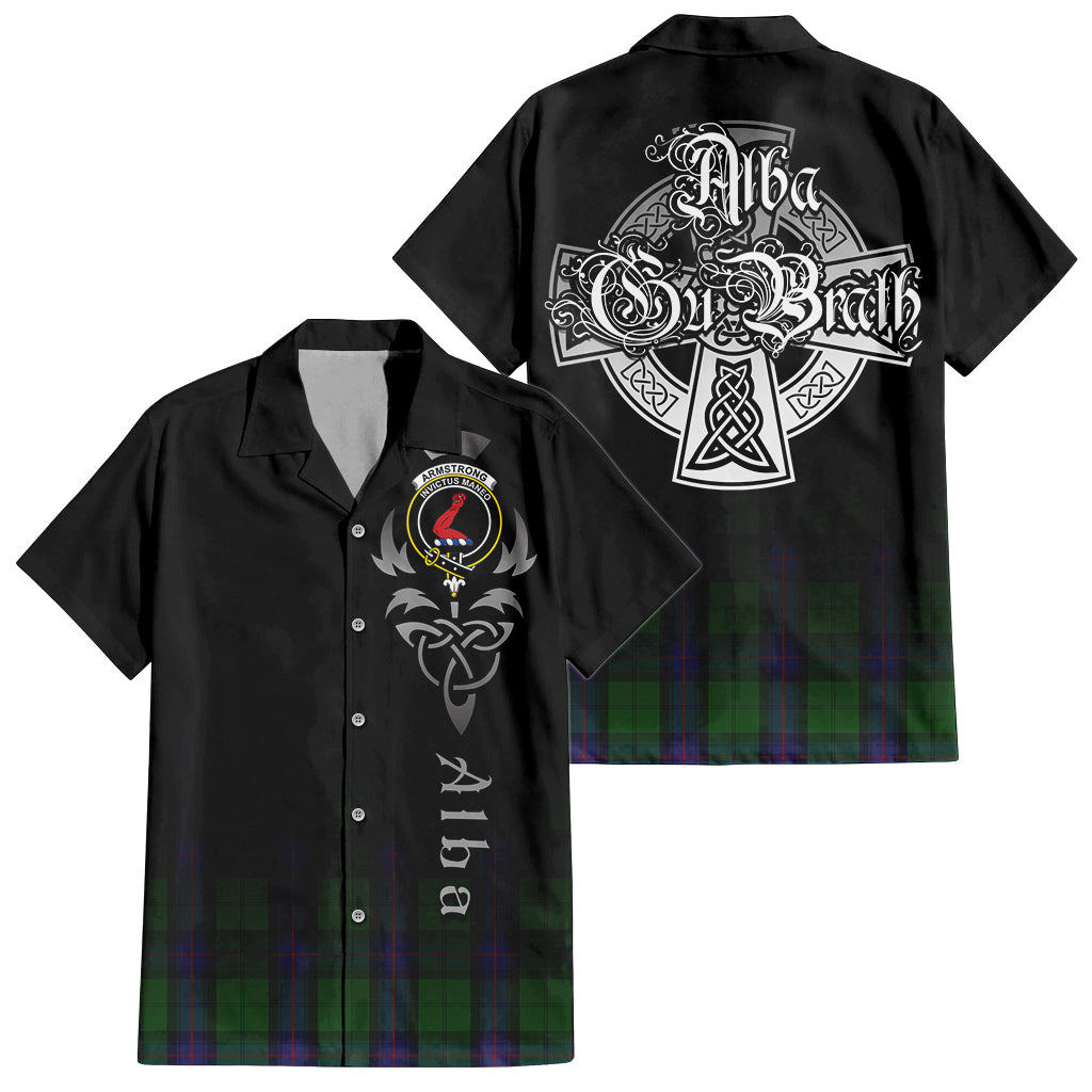 Tartan Vibes Clothing Armstrong Tartan Short Sleeve Button Up Featuring Alba Gu Brath Family Crest Celtic Inspired