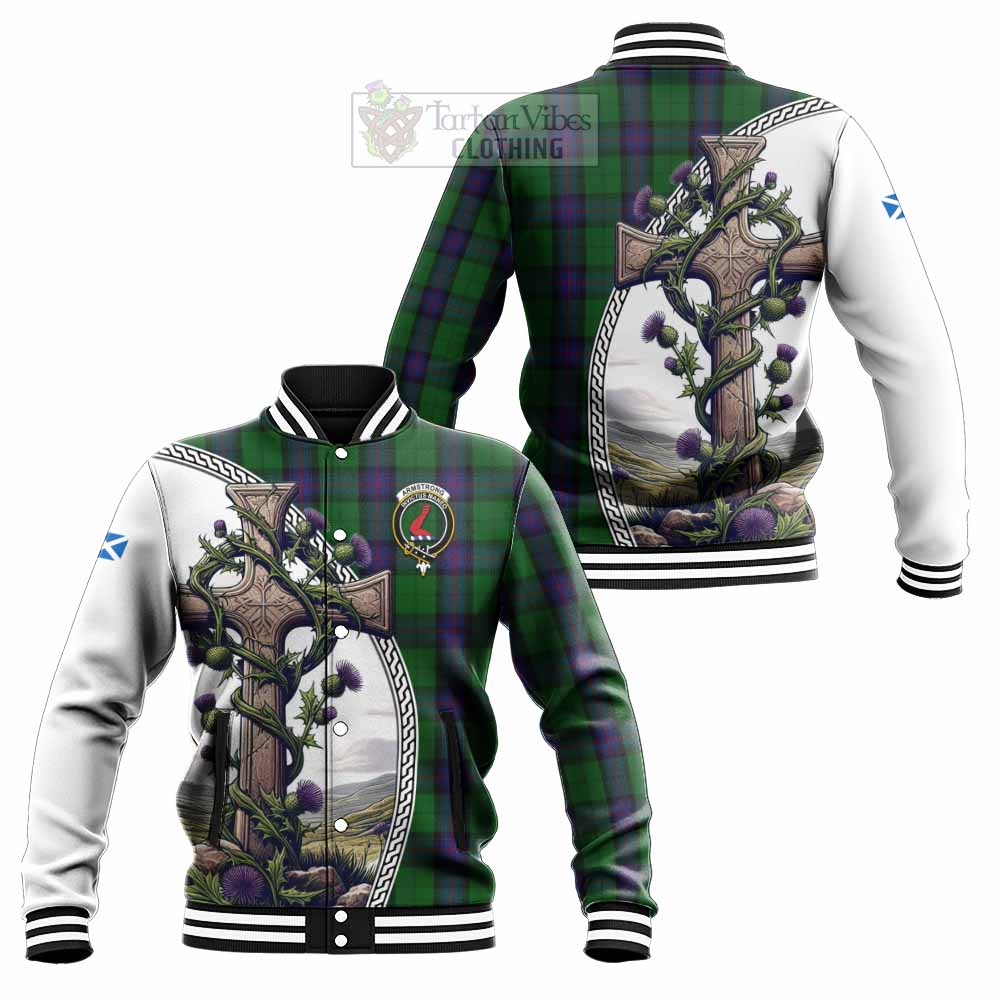 Tartan Vibes Clothing Armstrong Tartan Baseball Jacket with Family Crest and St. Andrew's Cross Accented by Thistle Vines